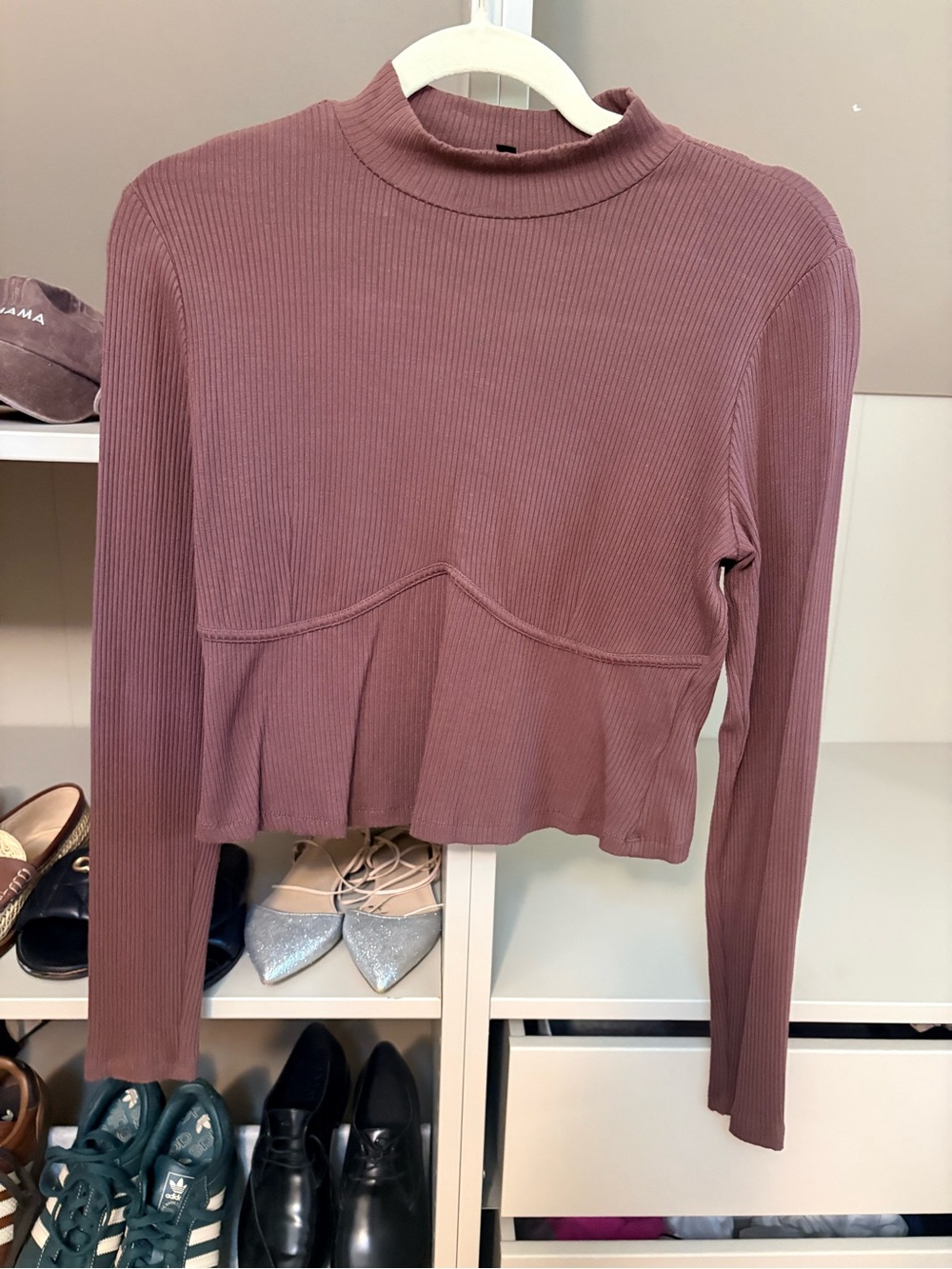 Dynamite Ribbed Mock Neck Long Sleeve Top - Dusty Mauve